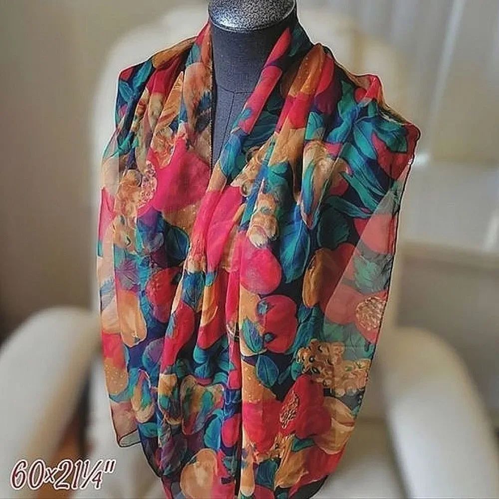 Vtg sheer chiffon apple & pear print shawl